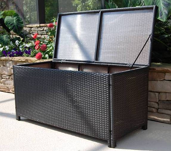 This beautiful All Weather Wicker Storage Trunk is the perfect solution.