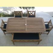 Rectangle Teak Expansion Table 96 to 120 inches with 4 Skipper Chairs and Skipper Bench