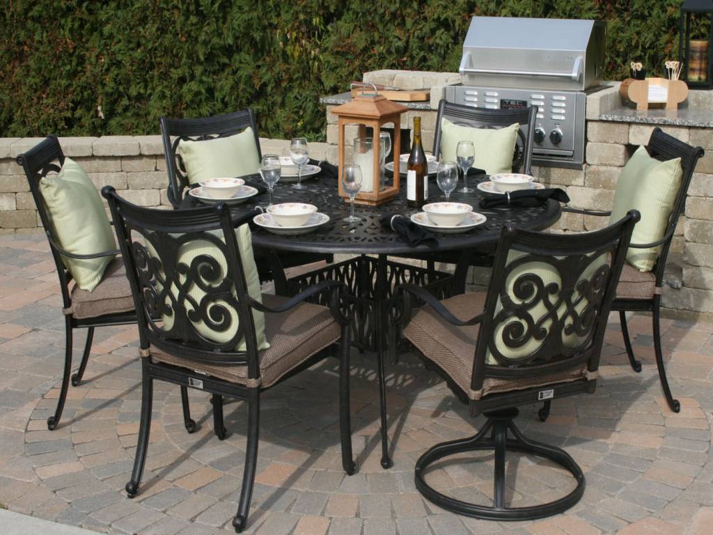 6 Person Round Aluminum Dining Set, Round 6 Person Outdoor Dining Table